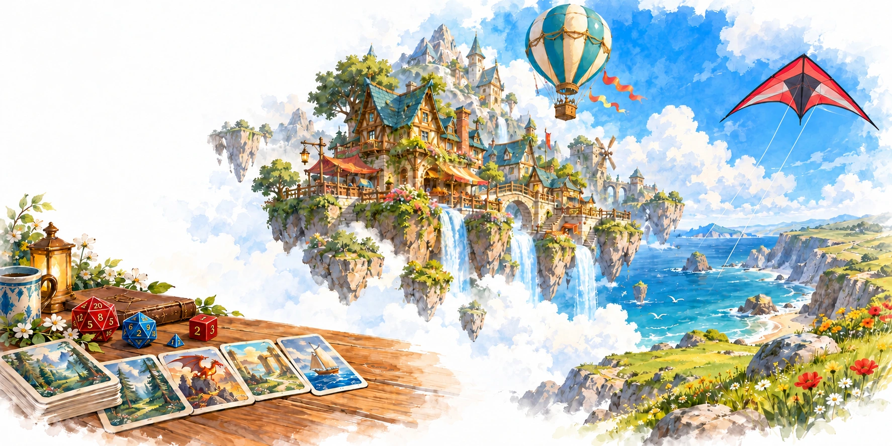 Illustrated cards and dice, a magical floating harbor, a teal hot air balloon, and a symmetrical stunt kite over the coast.