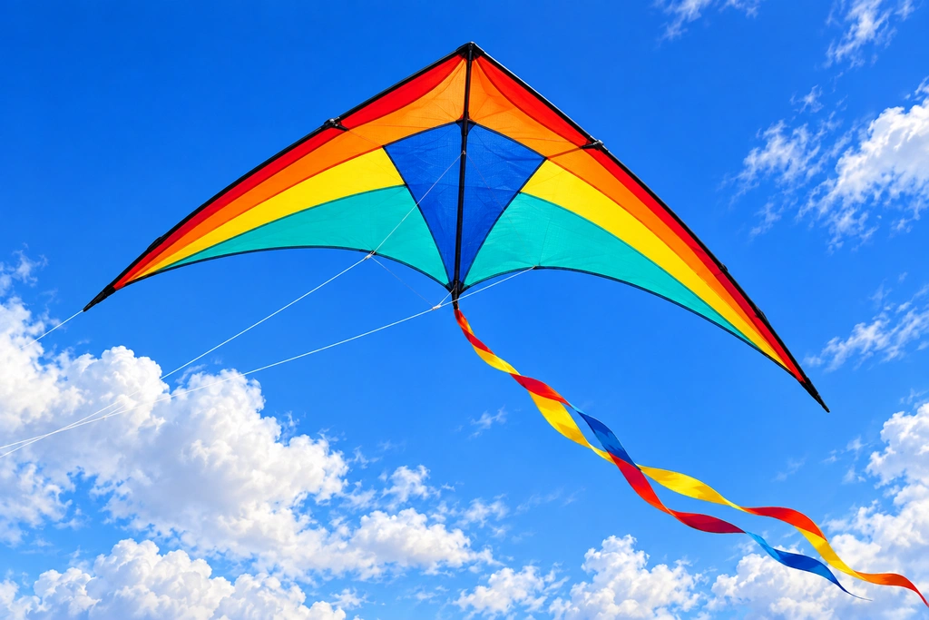 A delta kite with matching left and right wings and mirrored colored panels