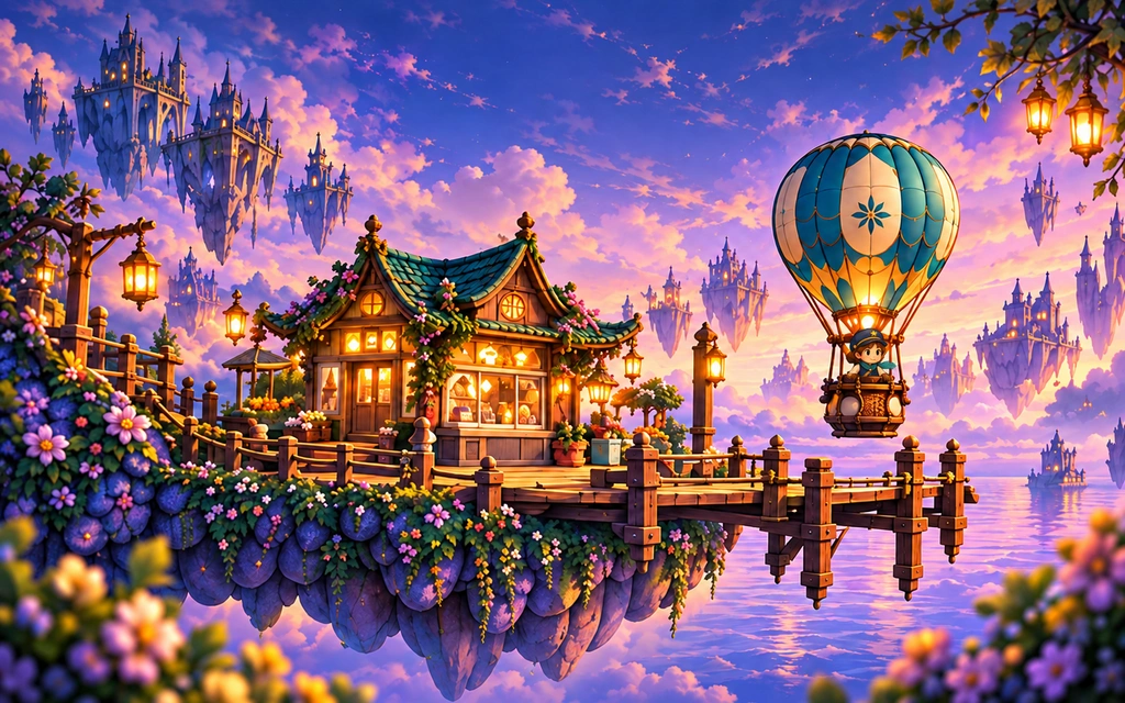 Twilight Harbor's illustrated balloon and floating islands